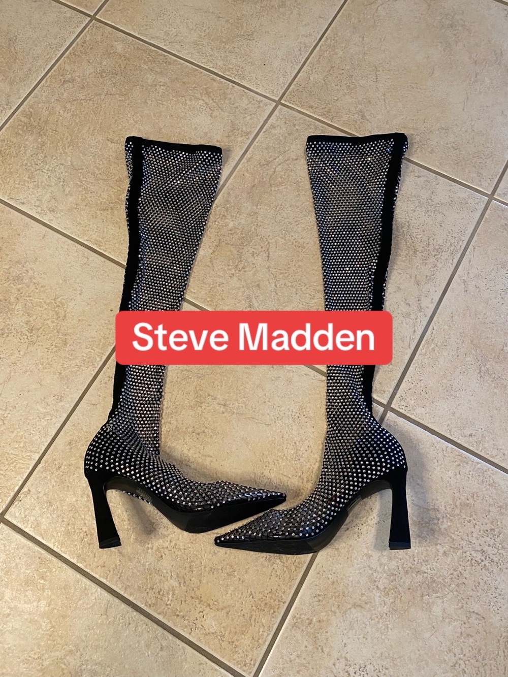 Steve Madden Black full Rhinestone Over-the-Knee stretch Sock Boots Pointed Toe